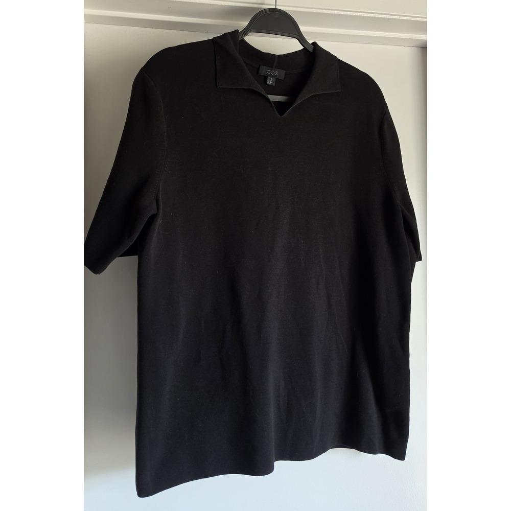 COS Polo Shirt M Black 100% Cotton Short Sleeve Solid Casual Minimalist Top